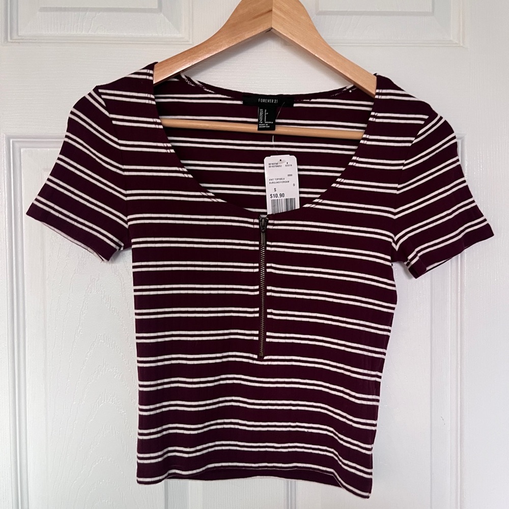 Forever 21 Burgundy and White Striped Short Sleeve Tee